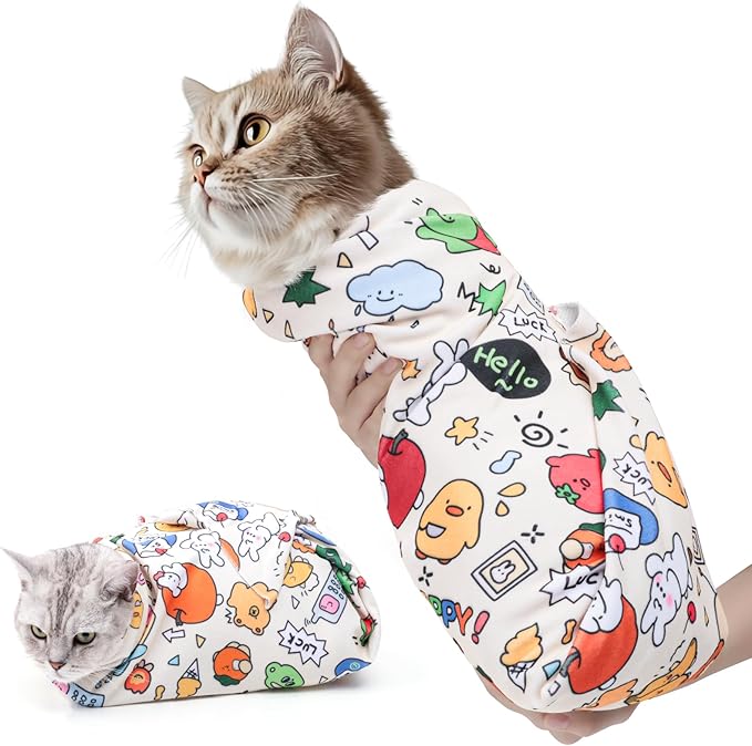 21.7 in Cat Wrap for Cutting Nails, Self-Adhesive Cat Grooming Wrap Anti-Escape Cat Restraint for Nail Clipping Cat Swaddle Wrap Cat Wrapping Cloth for Pet Cleaning and Beauty (Within 6.6 lbs)-PurrikoPets
