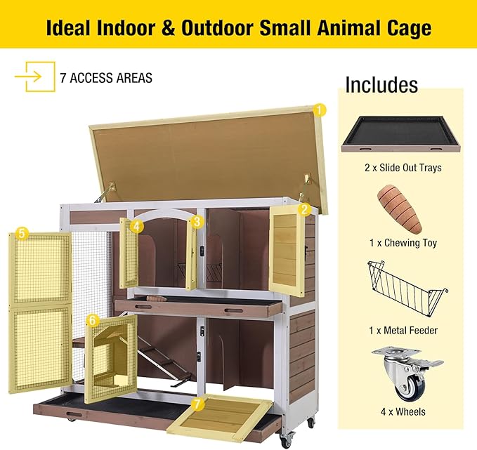Aivituvin Rabbit Hutch Bunny Cage with Wheels Indoor Outdoor 47" Two Story Guinea Pig Cage with 2 Deep No Leak Tray-PurrikoPets