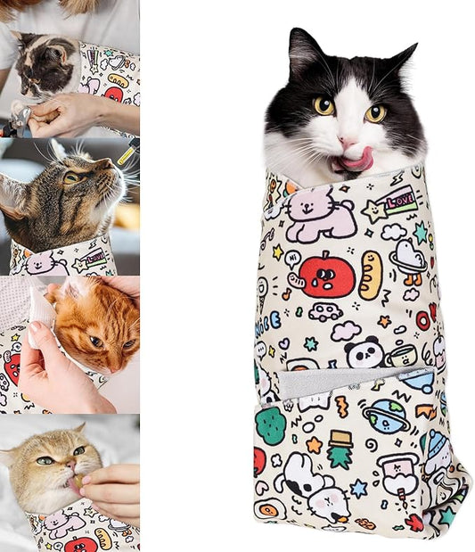 3-in-1 Cat Grooming Restraint Bag for Nail Trimming, Ear Cleaning & Medicine - Escape-Proof Design with Anti-Scratch Lining, Calming Pressure - Fits Cats & Kittens Up to 15lbs-PurrikoPets