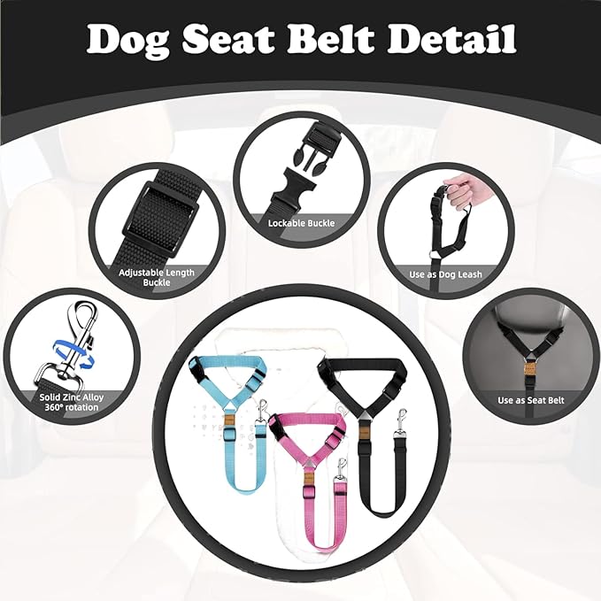 3 Pack Dog Seat Belt for Car, Car Headrest Restraint Adjustable Nylon Fabric, Dog Restraints Vehicle Seatbelts Harness-PurrikoPets