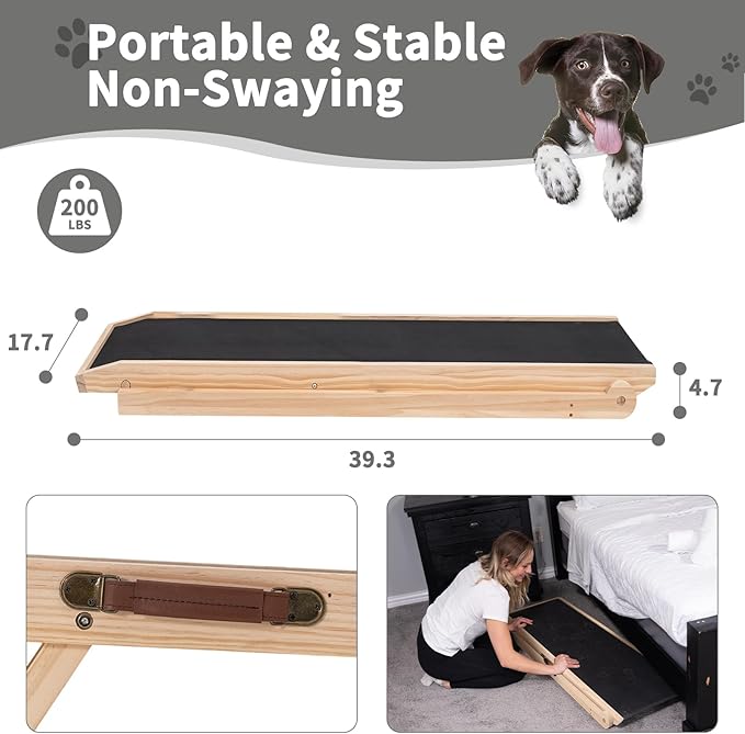 ABORON Antislip Dog Ramp, Adjustable Folding Pet Ramp for Small & Large Old Dogs & Cats, High Traction Portable Rubber Paw Ramps, Supports up to 200 lbs, Used for Bed Couch SUV, 39.3'' Long-PurrikoPets