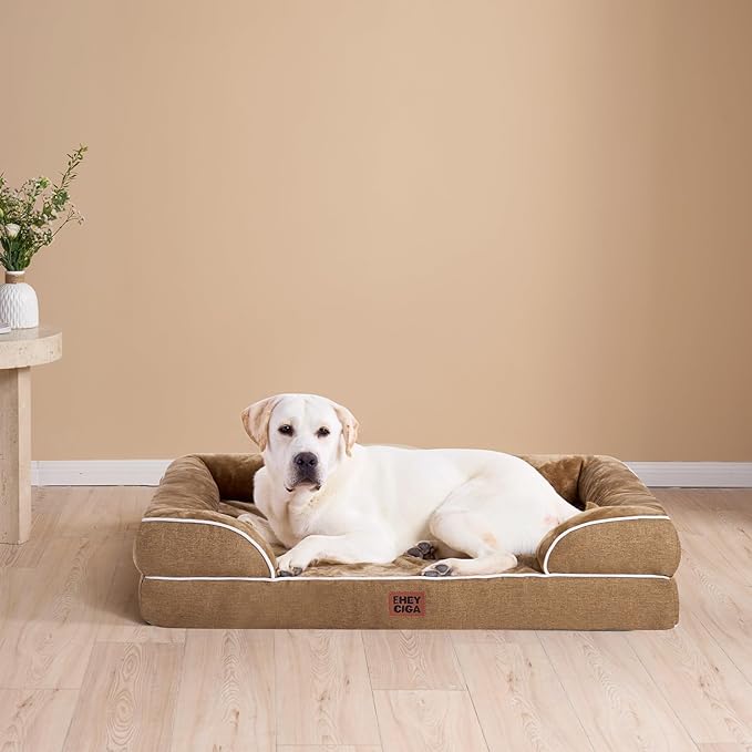 EHEYCIGA Orthopedic Dog Bed for Medium Dogs, Waterproof Memory Foam Medium Dog Beds with Sides, Non-Slip Bottom and Egg-Crate Foam Pet Couch Bed with Washable Removable Cover, Camel-PurrikoPets