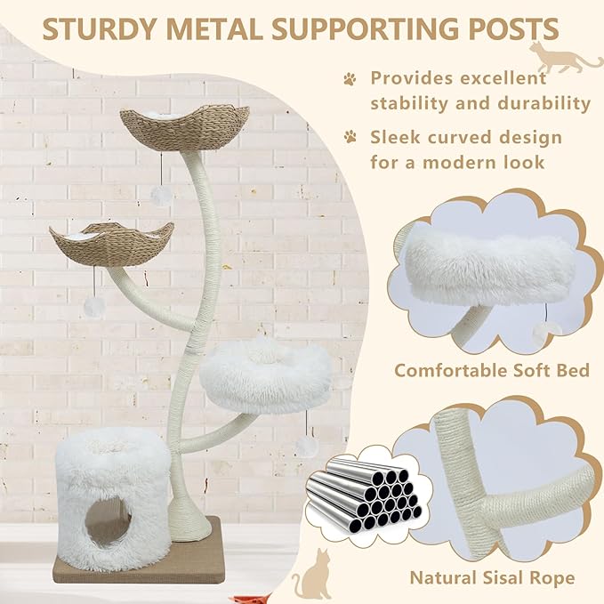 63” Tall Cat Tree Tower for Indoor Cats, Multi-Level Large Cat Climbing Furniture with Scratching Posts, Soft Perch, Cozy Cave, and Hanging Toys, Sturdy Design for Multi-Cat Households-PurrikoPets