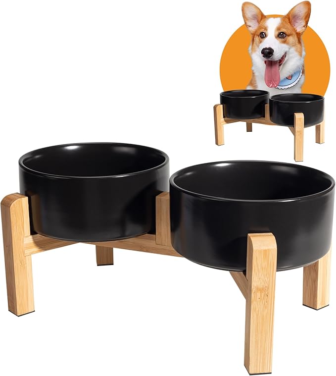 Elevated Ceramic Dog Bowl Set - Raised Dog Bowls with Non-Slip Bamboo Stand - Dog Food and Water Bowl Set - Double Dog Feeding Bowls - Suitable for Small and Medium Dogs - 28.74 OZ - 3.6 CUPS - 850 ML-PurrikoPets