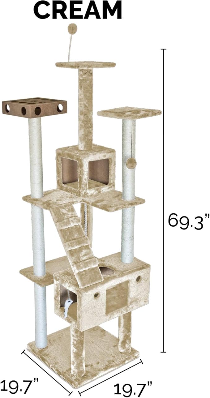 Furhaven 69.3" Tall Cat Tree for Indoor Cats, Ft. Sisal Scratching Posts, 2x Cat Condos, & Toys - Tiger Tough Double Decker Interactive Playground Tower - Cream, One Size-PurrikoPets