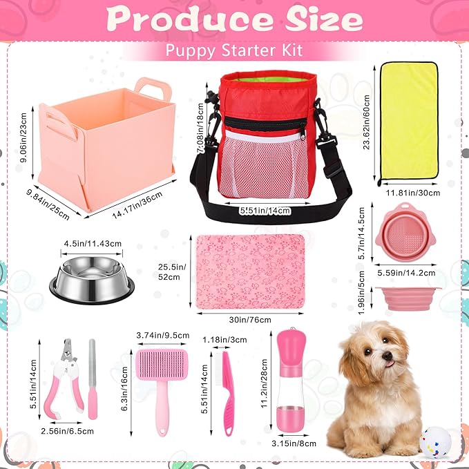 65 Pcs Puppy Supplies Starter Kit Small Dog Essentials Includes Dog Leash, Toys, Bowl, Brushes, Water Bottles, pet Blankets Puppy Accessories for New Welcome Gift Supplies(Cute,Pink)-PurrikoPets