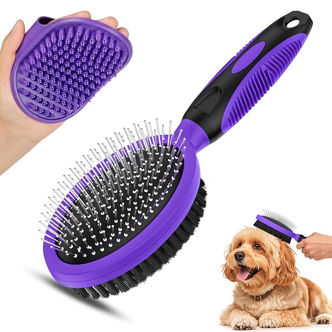 2PCS Pet Grooming Tools - Double-Sided Brush for Shedding and Bathing, Suitable for Short/Long Haired Dogs Cats and Horses, Deshedding Dog Brush, Mane & Tail Combs for Horses - Pet Supplies (Purple)-PurrikoPets