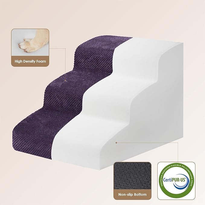 EHEYCIGA Curved Dog Stairs Ramp for Small Dogs 15.7" H, 3-Step Dog Steps for Couch Sofa and Chair, Pet Stairs for Cats, Non-Slip Balanced Pet Steps Indoor, Purple-PurrikoPets