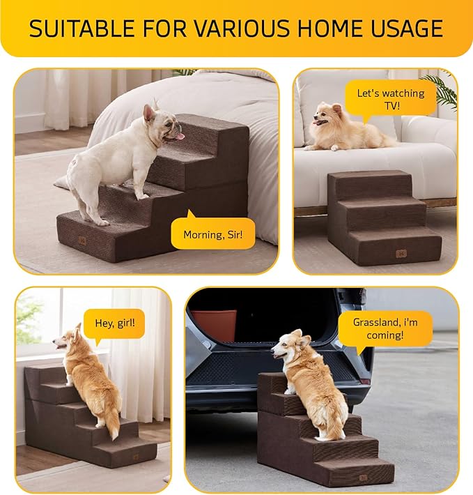 Dog Stairs for High Bed, Dog Steps for Bed Couch Sofa, 35D Foam Extra Wide Pet Steps for Small Dogs and Cats, Pet Stairs with Non-Slip Bottom Brown, 4 Steps-PurrikoPets