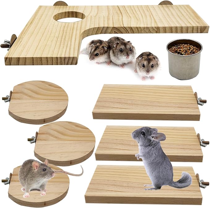 8 Pcs Wooden Hamster Cage Platform Set Wood Juvenile Chinchilla Shelves, Squirrel L-Shape Corner Ledge with Hole Cooling Standing Board Rat Cage Accessories for Gerbil Small Animal Climbing-PurrikoPets