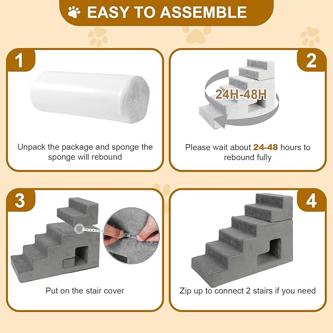 Dog Stairs for Small Dogs 27”H, 6-Step Dog Steps for High Bed, High-Density Foam Pet Stairs with Non-Slip Removable Washable Cover to Get on Bed(Grey)-PurrikoPets