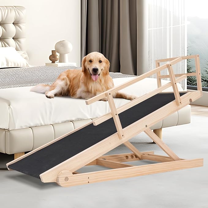 ABORON Folding Wooden Extra Long Dog Ramp, Non-Slip Rubber Mat, 63" Long for High Bed/Couch/Car, 5 Levels Adjustable Pet Ramp, 17.7'' Wide, Supports Small & Large Senior Dogs & Cats up to 200 lbs-PurrikoPets
