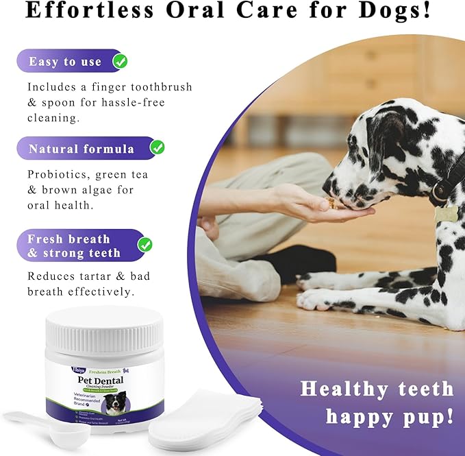 Dog Teeth Cleaning Powder, Pet Dental Powder -Dental Care, Dogs Breath Freshener with Probiotics for Tartar & Reduces Plaque & Bad Breath Teeth Cleaning for Small, Medium, Large Dogs 100g-PurrikoPets