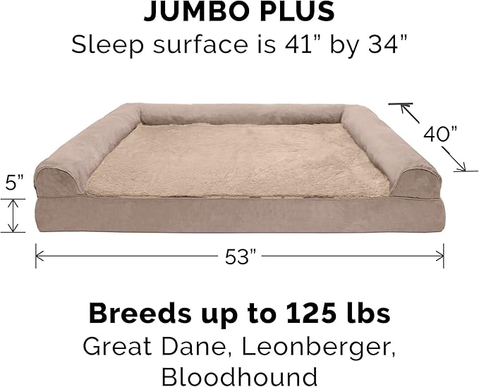 Furhaven Orthopedic Dog Bed for Large Dogs w/ Removable Bolsters & Washable Cover, For Dogs Up to 125 lbs - Plush & Suede Sofa - Almondine, Jumbo Plus/XXL-PurrikoPets