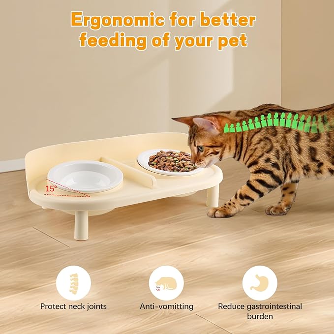 Elevated Cat Bowls, Tilted Rised Cat Food and Water Bowl with 2 Pcs Ceramic Pet Bowls, Rised Stand, Pet Dish Anti Vomiting Feeding Station for All Sized Cats & Small Dogs (Milk Coffee)-PurrikoPets