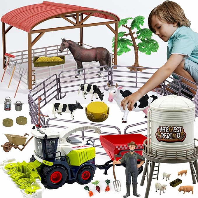 Farm Animals Toys Set Barn Toy Combine Harvester Tractor with Trailer Horse Stable Grain Bins Horse Cow Farmer Figures Fence Playset for Kids Toddlers Boy Girl 3-7 Years Old-PurrikoPets