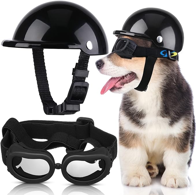 Frienda Dog Helmet and Goggles, UV Protection Doggy Sunglasses and 4 Inch Padded Puppy Motorcycle Helmet Adorable Dog Goggles with Adjustable Belt for Small Dogs Puppy Riding(Black,S)-PurrikoPets