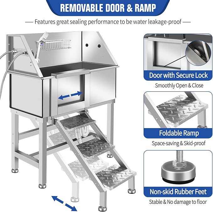 Dog Washing Station 38'' Stainless Steel Pet Grooming Tub for Large Dogs Over-Size Professional Dog Grooming Bathtub Station Wash Shower Sink Pet Grooming Bathtub Station-PurrikoPets