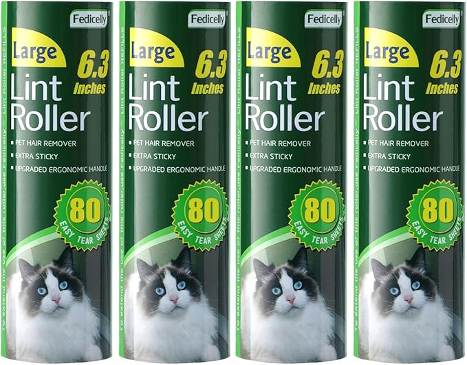 Fedicelly Large Lint Rollers Pet Hair Extra Sticky Refills,Mega Value Set 6.3 inches Wider with 320 Sheets for Cat and Dog Hair Removal,80 Sheets Per Roller (Pack of 4)-PurrikoPets