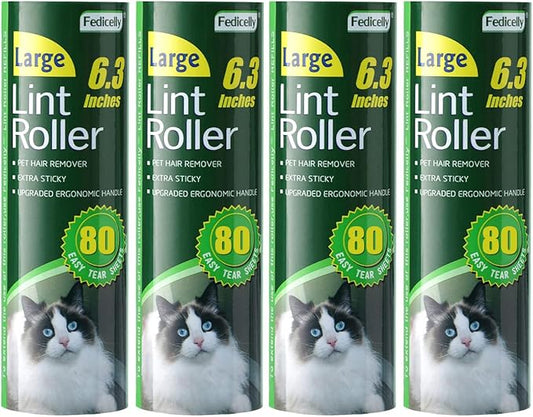Fedicelly Large Lint Rollers Pet Hair Extra Sticky Refills,Mega Value Set 6.3 inches Wider with 320 Sheets for Cat and Dog Hair Removal,80 Sheets Per Roller (Pack of 4)-PurrikoPets
