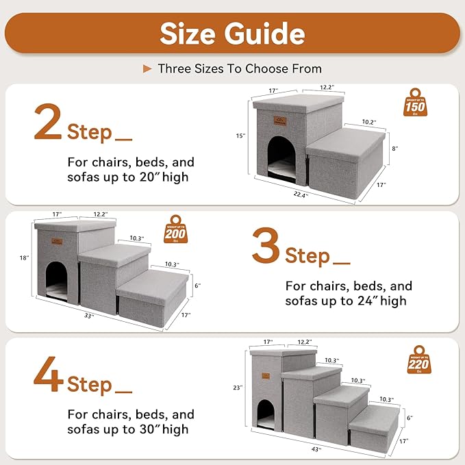 Dog Stairs 15" H, 2-Step Wider Dog Steps for Small/Medium/Large Old Dogs Cats, Folding Sturdy Storage Pet Stairs Climbing Bed Couch, Dog Ramp for Car Hold Up to 150 lbs(Gray, with Condo)-PurrikoPets