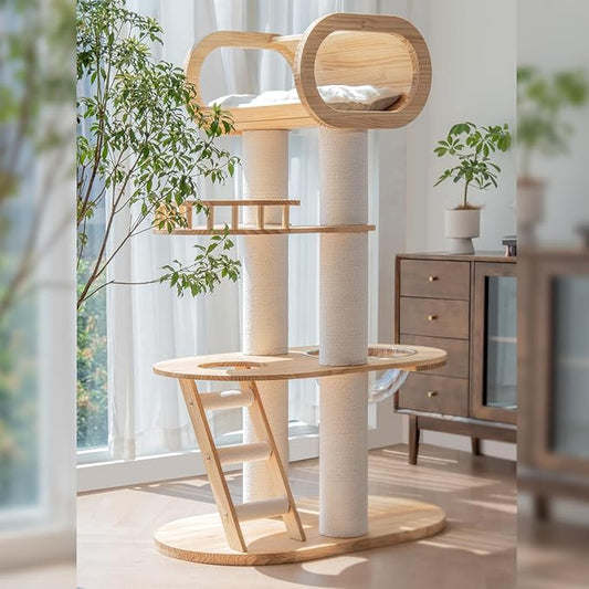 63.6'' Modern Cat Tree Indoor, Solid Wood Cat Tree with Scratching Post for Multi-Cat Families, Tall Cat Tower with Auxiliary Stairs, Huge Condo for Large Cats-PurrikoPets