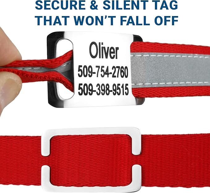 GoTags Reflective Personalized Dog Collar with Nameplate, Adjustable Dog Collar with Custom Engraved Steel Slide On Pet ID Tag, Silent, No Noise Dog Tag for Large Medium or Small (Red, Large)-PurrikoPets