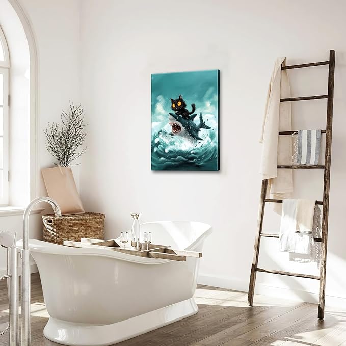 Funny Black Cat Bathroom Wall Art Cute Cat Riding Shark Canvas Wall Decor Animal Kitten Pictures Painting Print Artwork Framed Decorations Gifts for Cat Lover Kids Room Bedroom 16"x24"-PurrikoPets
