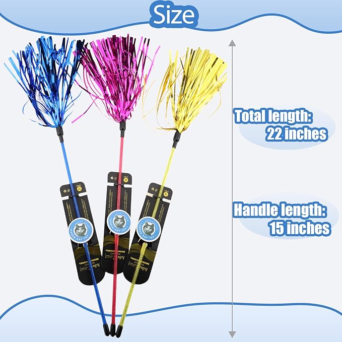 ADUCK Interactive Cat Teaser Wand Toy with Tassels - Durable Cat Chaser for Indoor Kitten Exercise, Boredom Relief & Training Play, Pack of 3 (Gold, Blue, Pink)-PurrikoPets