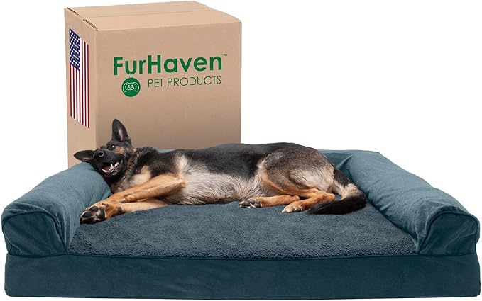 Furhaven Cooling Gel Dog Bed for Large Dogs w/ Removable Bolsters & Washable Cover, For Dogs Up to 125 lbs - Sherpa & Chenille Sofa - Orion Blue, Jumbo Plus/XXL-PurrikoPets
