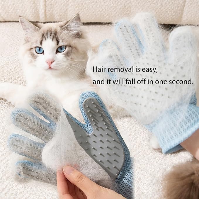 2 Pcs [2-in-1] Pet Hair Removal Gloves - Five Finger Massage Design Pet Beauty Gloves, Suitable for pet dogs and cats to prevent hair tanglings (Blue)-PurrikoPets