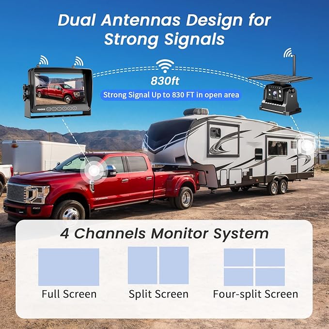 Dual Magnetic Solar Wireless Backup Camera for RV Truck Trailer – 7" 1080P Monitor with Recording, 1-Min Install, No Delay, Wide View, IR Night Vision, 4 Channels, Auto-Sleep Rechargeable-PurrikoPets