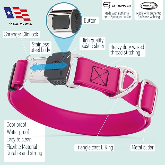 Dogline Biothane Waterproof Dog Collar with Herm Sprenger Stainless Steel Quick Release Buckle – Heavy Duty Tactical Durable Collar for Dogs – Comfortable and Safe Pet Collar, W 3/4" L 12-19", Magenta-PurrikoPets