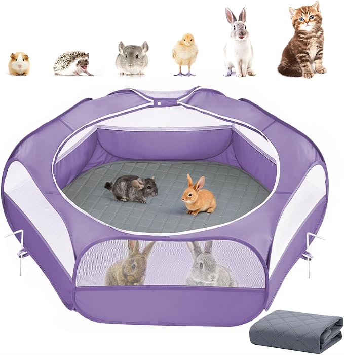 2-in-1 Small Animals Playpen with Pad, Waterproof Small Pet Cage Tent with Reusable Pad, Portable Outdoor Yard Fence with 3 Metal Rod for Chick/Kitten/Puppy/Guinea Pig/Rabbits/Chinchillas, Purple-PurrikoPets