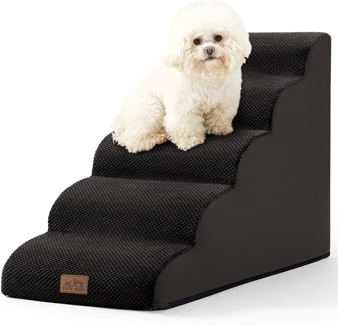 Dog Stairs for High Bed 22.6" H, Small Dog Step for Puppy, Older or Cat, Curved Ramp for Car, Ladder with High Density Foam, Lightweight, Durable, 15.7x33x22.6 inch, 5 Step, Black-PurrikoPets