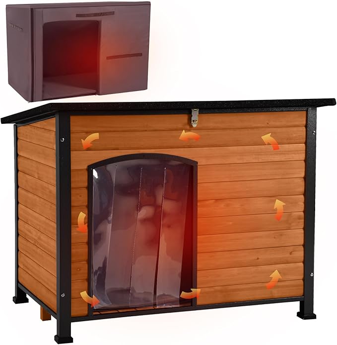 Aivituvin Dog House Outdoor & Indoor Dog Kennel with Insulated Liner for Winter Waterproof Large Dog Cage for Small & Medium & Large Dogs,Unique All-Around Iron Frame-PurrikoPets