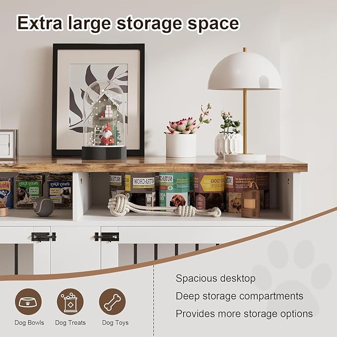 63'' Dog Crate Furniture for 2 Dogs, Wooden Dog Cage with Storage Compartment, Indoor Dog Kennel with 4 Doors for Large/Medium Dogs, White-PurrikoPets