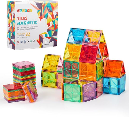 32-Pack Magnetic Tiles–Rainbow Builder Set, 2.95in STEM Construction Kit with Transparent Windows, Expand Creative Play for Kids-PurrikoPets