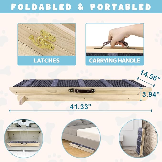 Dog Ramp for Bed, 6 Adjustable Height from 13.8" to 25.6", Folding Portable Wooden Pet Ramp for Small Dogs - Non-Slip High Traction Dog Ramp for High Bed Couch and Car Up to 200lbs-PurrikoPets