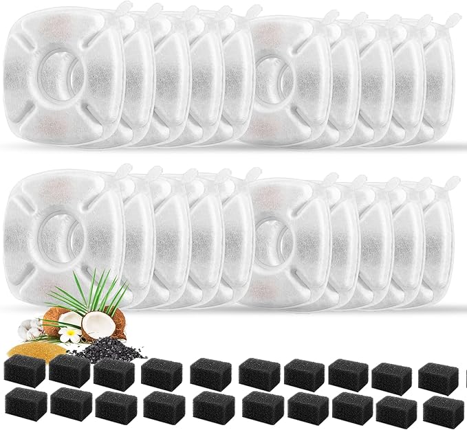 40 Pcs Cat Fountain Replacement Filters 20 Pack Cat Water Fountain Replacement Filters with 20 Pack Pre-Filter Sponges, Pet Fountain Filter Fit for 95oz/2.8L Automatic Pet Fountain Cat Water Fountain-PurrikoPets