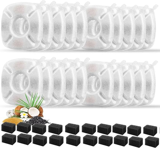 40 Pcs Cat Fountain Replacement Filters 20 Pack Cat Water Fountain Replacement Filters with 20 Pack Pre-Filter Sponges, Pet Fountain Filter Fit for 95oz/2.8L Automatic Pet Fountain Cat Water Fountain-PurrikoPets