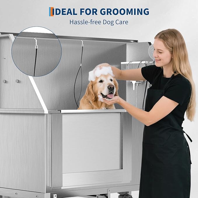 50" Stainless Steel Professional Dog Washing Station - Pet Bathing Tub w/Non-Slip Stairs | Slip-Resistant Floor Grate | for Large/Medium/Small Dogs-PurrikoPets