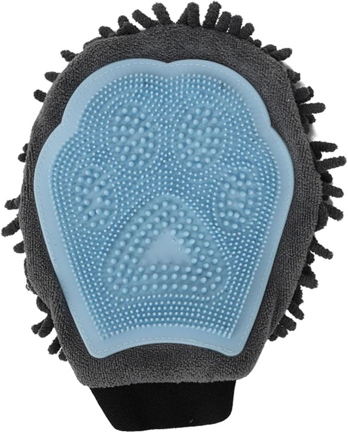 Dual Sided Pet Grooming Glove with Rubber Paw - 2-in-1 Grooming Glove | Fun Dogs & Cats Grooming Tool for Brushing, Massaging, and Scrubbing | Chenille Fabric Side Acts as Pet Bathing(Blue)-PurrikoPets