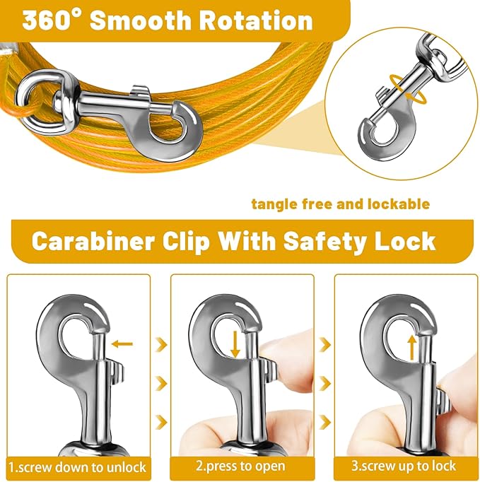 Dog Tie Out Cable 10/15/20/25/30 FT Runner for Yard Steel Wire Cable with Durable Superior Clips Yellow Chains for Outside Dog Lead for Large Up to 165 Lbs-PurrikoPets