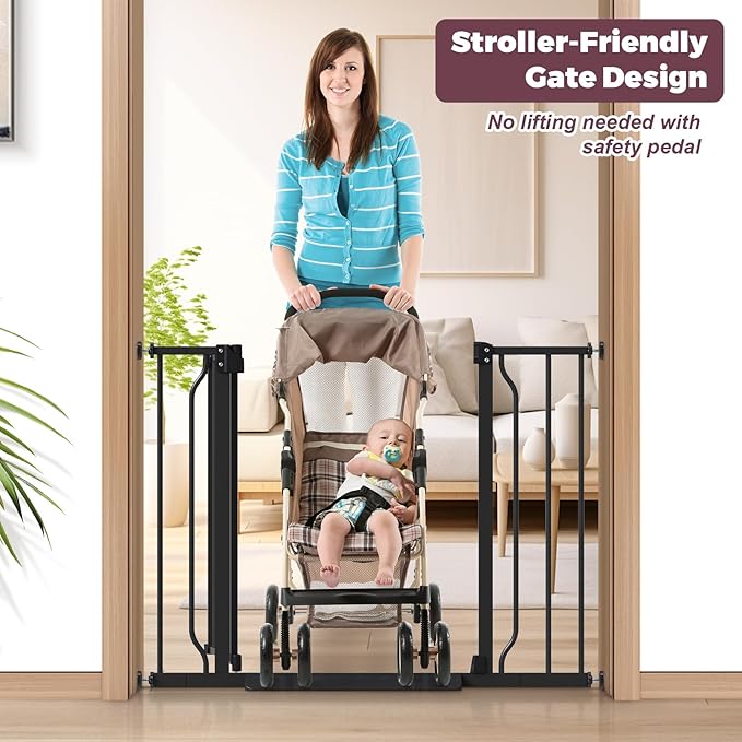 29"-40" Baby Gate for Stairs, Auto Close Stroller Friendly Dog Gate Indoor for Doorways, Pressure Mounted Baby Gate, Easy Walk Through Gate for Children & Pets, Black-PurrikoPets