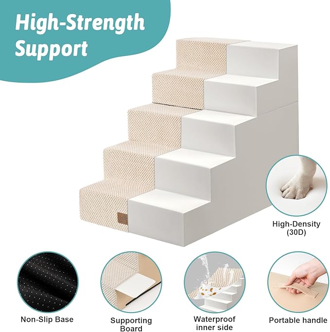 Dog Stairs for Small Dogs, 5 Tier Removable Wider Pet Stairs for Couch and Bed, 23.6" H Non-Slip Dog Steps for Puppies and Old Cats with Support Board, 29.5x19.7x23.6 inch, Beige-PurrikoPets