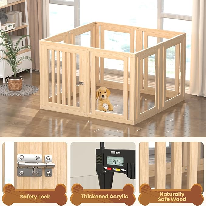 8 Panels Dog Playpen with Door, 23.6" H Pet Playpen Indoor, Clear Acrylic Puppy Playpens, Wooden Puppy Fence with Gate, Transparent Dog Pens, Pet Pen Indoor for Dogs, Cats, Rabbit, Small and Medium-PurrikoPets