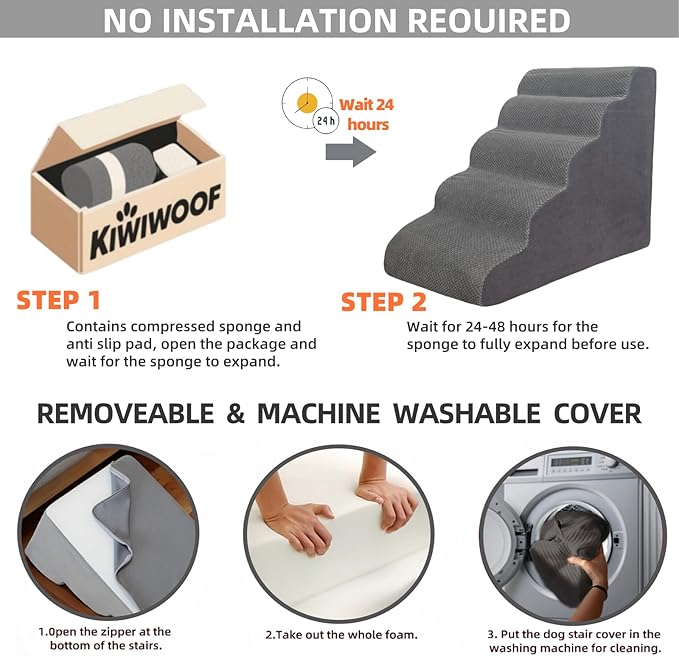 5 Step Pet Stairs Ramp for High Beds Sofas 5-30 Inch with Sturdy Non Slip Waterproof Pads, Machine Washable Cover Indoor Balanced Design for Cats Dogs Small Medium Large XL Pets Grey (Brown, Large, 1)-PurrikoPets