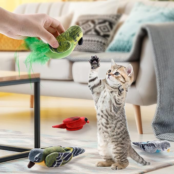 Dorakitten Cat Catnip Toys Interactive Cats 4pcs Kitten Plush Nip Chew Bird Toy with Crinkle Paper Pet Best Treats Stuffed Pillow Cute Teething Play Gifts Soft Kick Sound Supplies for Indoor Kitty-PurrikoPets