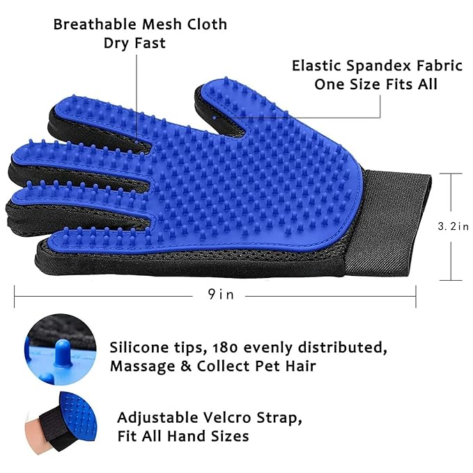 1 Pair [2-in-1] Pet Hair Removal Gloves - Five Finger Massage Design Pet Beauty Gloves, Suitable for pet dogs and cats to prevent hair tanglings(Dark blue)-PurrikoPets